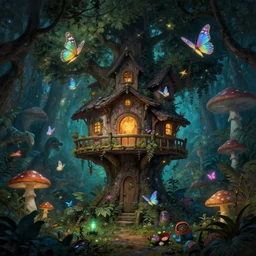 a whimsical painting of treehouse village with fairies and butterflies with iridescent wings in a jurassic garden world with dinosaurs. giant mushrooms. night time. bioluminescent glow. dark atmosphere. high contrast. pulp - science fiction art. fantasy art. highly detailed. 4 k. trending on artstation
