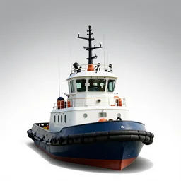 sleek tugboat, commercial catalog photo, isolated on a pure white background, centered, entire object in frame, sharp focus, soft studio lighting