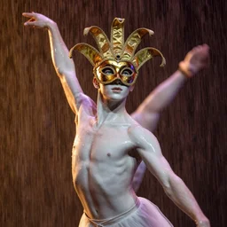 portrait of a male dancer with a beautiful porcelain face dressed in a venecian mask, rain, cinematic light and reflections, beautiful dreamy lighting, photographed by annie leibovitz, zbrush,