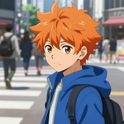 orange - haired anime boy, 1 7 - year - old anime boy with wild spiky hair, wearing blue jacket, shibuya street, bright sunshine, strong lighting, strong shadows, vivid hues, sharp details, subsurface scattering, intricate details, hd anime, high - budget anime movie, 2 0 1 9 anime