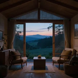 evening inside hut, evening, color, best composition, cinematic