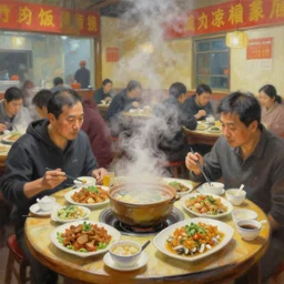 busy chinese restaurant, steamy plates of food, painting by jeremy mann
