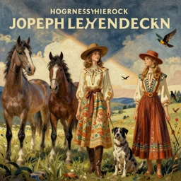 pulp art, artwork by Joseph Leyendecker and Robert McGinnis and Alfred Henry Maurer, 3d octane blender render, Hipple and boho fashion 1970s, horses, dogs, birds, progressive rock album cover