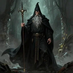 Gandalf as an evil wizard, dressed in black cloak, fantasy concept art illustration
