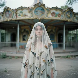 a woman wearing a veil made of birds, in an abandoned theme park, by omar z. robles, canon eos c 3 0 0, ƒ 1. 8, 3 5 mm, 8 k, medium - format print