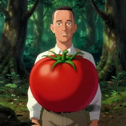tom hanks as forest gump as a tomato, his skin is red with leafy green hair, animation character, pickle rick, dramatic lighting, forest gump tomato body, shaded lighting poster by magali villeneuve, artgerm, jeremy lipkin and michael garmash, rob rey and kentaro miura style, trending on art station