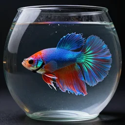highly detailed photo of multi colorful happy beta fish in super clean glass bowl, single fish only, 3 d render, dark background, hyper realistic, concept art, 8 k detail post - processing