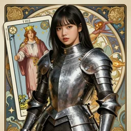 lalisa manoban of blackpink, medieval armor, tarot card, highly detailed, digital painting, smooth, sharp focus, illustration, ultra realistic, 8 k, art by artgerm and alphonse mucha