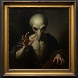 an alien reaching through a framed painting, pulp sci - fi art. high contrast. baroque period, oil on canvas. renaissance masterpiece