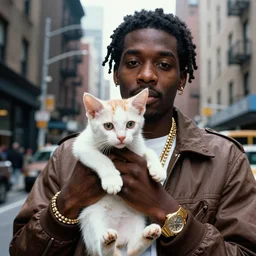 a 1 5 mm wide - angle lens photo of a rapper in 1 9 8 0's new york holding an alien kitten up to the camera