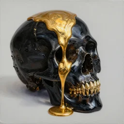 coubert painting of molten gold poured over a black shiny onyx human skull, 3 / 4 angle. liquid molten gold fluid dripping from top, slips over and drains to bottom