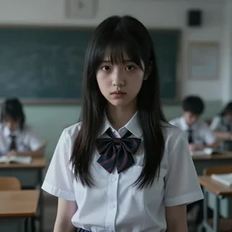 school girl portrait on the classroom, gloomy and foggy atmosphere, octane render, cgsociety, artstation trending, horror scene, highly detailded
