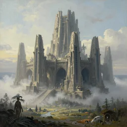 ”a beautiful painting of a huge alien stronghold. morning light. by Zdzisław Beksiński, h.r. giger. landscape. mist. unreal engine 5. trending on artstation. 4k. matte painting”