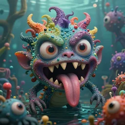 intricate colourful murky with strange cute friendly angry crazy creatures with huge beauty eyes!!!!!!!! long tongue triangle teeth and scary face appearing from the water, in the style of craola, shallow depth of field, highly detailed, digital painting, trending artstation, concept art, illustration, cinematic lighting, vibrant colors, photorealism, epic, octane render