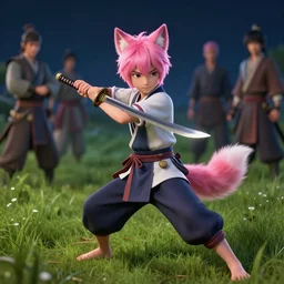a beautiful fullbody portrait of a cute boy with pink hair and pink wolf ears wielding a katana in battle position in a grass field at night barefoot. character design by cory loftis, fenghua zhong, ryohei hase, ismail inceoglu and ruan jia. artstation, volumetric light, detailed, photorealistic, fantasy, rendered in octane