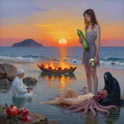 painting of sunrise, a flooded spanish art gallery in marbella beach, death, a tall emo girl, holding a courgette, skull, rocks by the sea, island, surgeon, pomegranates, burning raft, floodwaters, the grim reaper, octopus, sensual, puddles of red, zen, surrealist, by magritte and monet