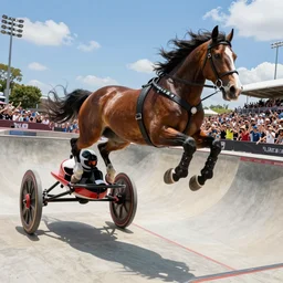 roman horse with chariot racer high jumping in a skate park half-pipe, video game cover, intense, high detail, crowd cheering, Tony Hawk
