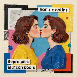 two women kissing at a recursive carnival, mixed media collage, retro, paper collage, magazine collage, acrylic paint splatters, bauhaus, claymation, layered paper art, sapphic visual poetry expressing the utmost of desires by jackson pollock