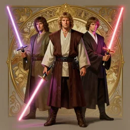full body photo of paul chuckle standing next to barry chuckle dressed as jedi knights holding lightsabers, intricate, elegant, highly detailed, cinestill, digital painting, artstation, led dramatic lighting, concept art, matte, sharp focus, illustration, art by da vinci, artgerm and greg rutkowski and alphonse mucha