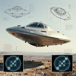 technical drawing explaining the concept of ufo space ship, blueprint, detailed map, scientific, x - rays, infographic