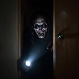 photo of a bizarre horrific creature hiding in the closet, illuminated by a flashlight, nighttime, scary, unsettling, creepy, photographic