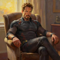 concept art of tony stark sitting in an armchair in a room with the setting sun, cinematic shot, painting by jama jurabaev, extremely detailed, brush hard, artstation, high quality, brush stroke