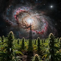 sky of space nebula over the cannabis garden at the end of the universe, trippy, mind - bending, by zdzisław beksinski or conrad roset, tom whalen, mark ryden, chip zdarsky, dramatic lighting, strong shadows, volumetric, cinematic atmosphere, octane render, artstation, 8 k
