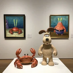 wallace and gromit visit a gallery, clay, paintings of crabs, paintings of Mr. Krabs, photorealistic