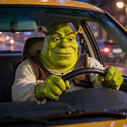 shrek as a taxi driver with steering wheel in his hands looking at you from the car, shot from professional camera, ultra realistic, rim light, rainy weather, vivid lights night time