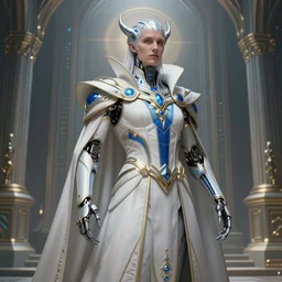 detailed portrait of a cyborg, necromancer, benevolent, scifi, futuristic, elegant cape, intelligent man, alien room background, white, blue, gold, trending on artstation, soft light, holy machine, advanced technology, art by vitaly bulgarov and nivanh chanthara
