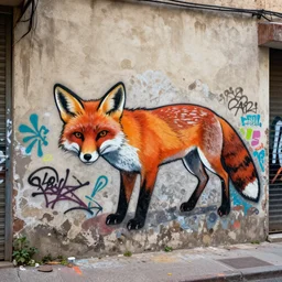 fox graffiti, dirty wall, alley, impressive, colorful, photograph