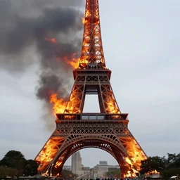 eiffel tower is burning, realistic footage, gilet jaunes, natural lighting, bfmtv