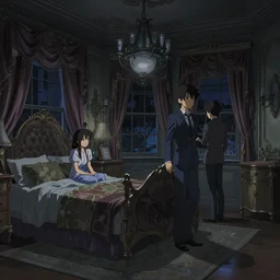 an ornate victorian bedroom at night. 1 8 9 0, key visual, conceptart, dimmed ambient lighting, highly detailed, digital painting, artstation, concept art, sharp focus, by makoto shinkai and akihiko yoshida and greg manchess