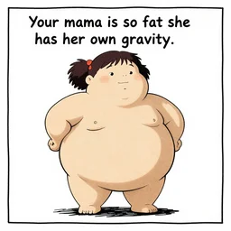 your mama is so fat she has her own gravity, comic strip style, pen and ink, anime, ghibli style