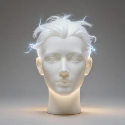 realistic photo of a a white resin latex head with dressed in electric hairs, front view, empty soft glowing space, emitting electric tesla aura radiation 1 9 6 0, life magazine photo, natural colors, metropolitan museum, kodak, 8 k, very detailed, high resolution, product photo,