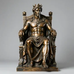 full body bronze sculpture of hades, neo - classical style, sitting on a throne, sharp facial features, royal, professional photography, dynamic and dominating