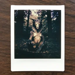 mythical creature in a forest, grainy vintage polaroid