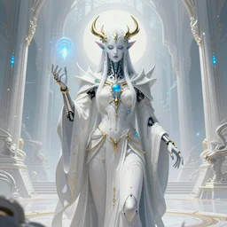 benevolent cyborg necromancer, scifi, futurism, alien room background, white, blue, gold, highly detailed, trending on artstation, soft light, sharp edges, illustration, spiritual, technology, art by vitaly bulgarov and nivanh chanthara