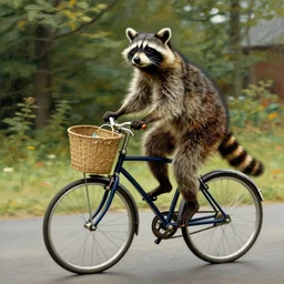 Norman Rockwell painting of a raccoon riding a penny-farthing