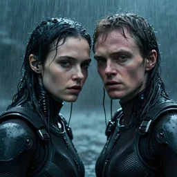 cinestill 5 0 d candid photographic portrait by christopher nolan of two loving female androids wearing rugged black mesh techwear in treacherous waters, extreme closeup, modern cyberpunk moody emotional cinematic, pouring rain menacing lights shadows, 8 k, hd, high resolution, 3 5 mm, f / 3 2, ultra realistic faces, ex machina