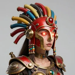 awardwinning photo of a steampunk kali, wearing a glowing red and golden metallic aztec helmet with multicolored tubes and shiny metallic gears, 3 d render, crisp, 8 k, fluorescent colors, nikon photography