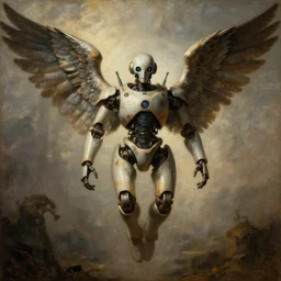 a fantasy painting in renaissance!! style of a robot with wings, centered, cinematic, beautiful lighting