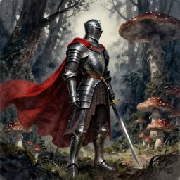 a highly detailed watercolor painting of the black knight wearing enchanted dark steel armor, as he stands gazing upon the deep dark mushroom forest, his red and battleworn cape flowing in the wind, his sword sheathed by his side