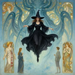 a witch. floating in the sky in front of cthulhu. painted by barbara canepa and alessandro barbucci and tony sandoval and alphonse mucha.