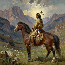 a full length extremely detailed masterpiece painting of one rugged warrior american native ute with a feather in his head - ban sitting on his painted war horse surveying a rugged utah mountains, in the style of charles marion russell, insanely detailed, extremely moody lighting, glowing light and shadow, atmospheric