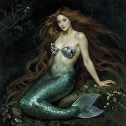 Portrait, dark sultry beautiful mermaid with long flowing hair, by N.C. Wyeth, j.c. Leyendecker, Brom, face by Otto Schmidt