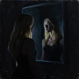 silhouette of a Elle Fanning gazing in a mirror, pitch black room, extremely detailed masterpiece, oil on canvas, low-key neon lighting, artstation, Blade Runner 2049, Roger Deakin’s cinematography, by Julia Soboleva,
