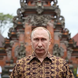 vladimir putin wearing batik bali in bali. temple background. front view. instagram holiday photo shoot, perfect faces, corrected faces, 8 5 mm, award winning photography