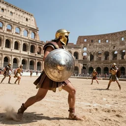 incredible screenshot, roman gladiator wearing a gold helmet and reflective silver circle shield defensive fighting in a sandy arena, in the  Colosseum,  dynamic camera angle, deep 3 point perspective, fish eye, dynamic scene, by phil hale, ashley wood, geoff darrow, james jean, craig mullins, Jean-Leon Gerome, 8k, hd, high resolution print