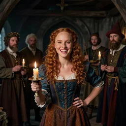 young, freckled, curly haired, redhead natalie portman as a optimistic!, extroverted, giddy medieval innkeeper in a dark medieval inn. dark shadows, colorful, ( ( ( candle lighting ) ) ), law contrasts, fantasy concept art by jakub rozalski, jan matejko, and j. dickenson